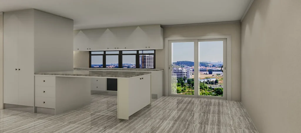 3D design mockup of a kitchen renovation in an apartment